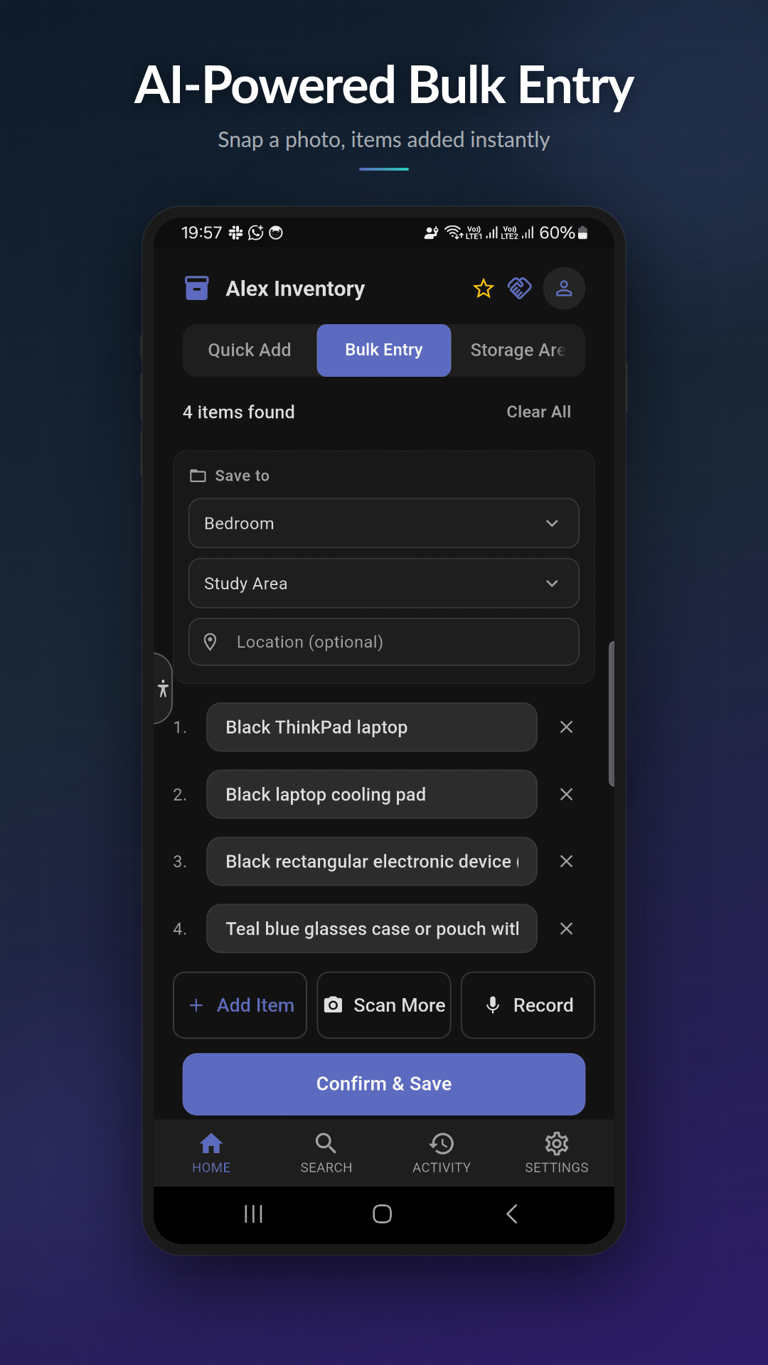 ScanStock AI-powered bulk entry adding items from voice